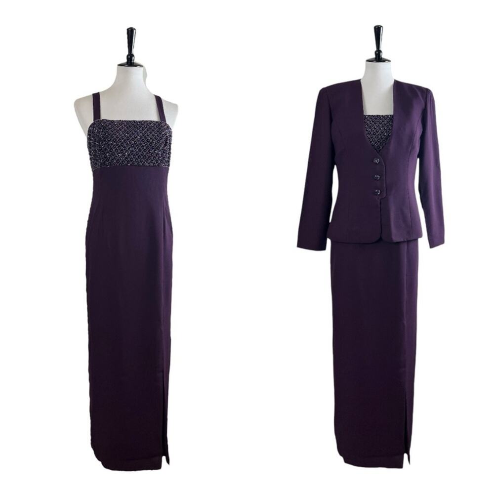 Karen Miller Vintage Jacket Long Dress Beaded Sequins Plum Purple Women’s Size 8